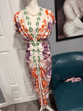 Bold Floral Print Midi Dress in Cream, Orange & Purple